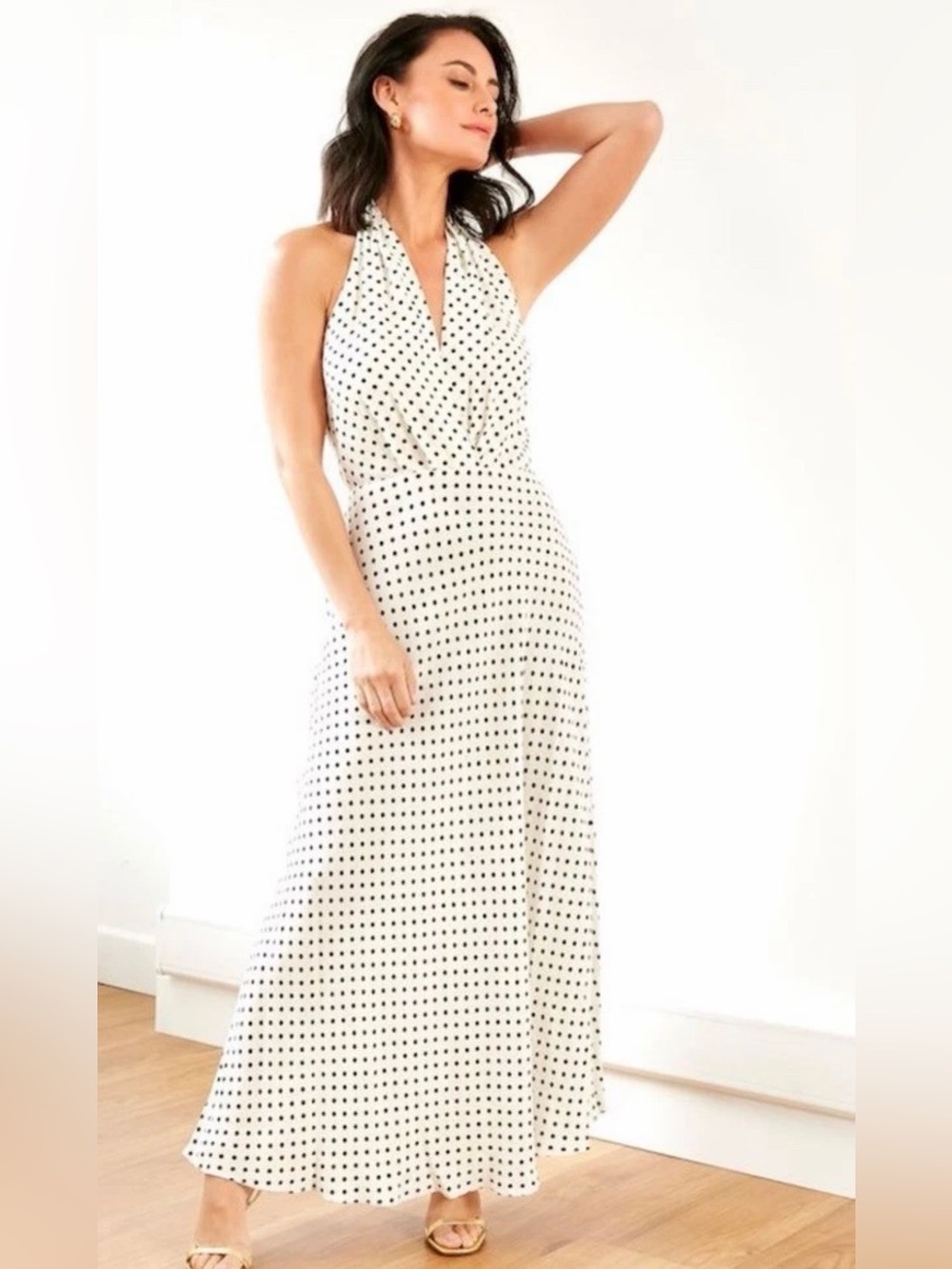 ZARA POLKA DOT HALTER DRESS OYSTER-WHITE | NWT Size L